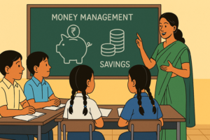 "Illustration of Indian school children learning money management and savings in a classroom setting"