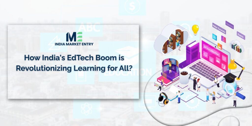 Illustration of diverse Indian learners using digital devices with online education elements, representing the EdTech revolution in India.