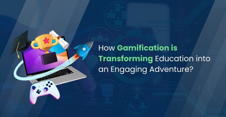 illustration showing children learning through interactive games on tablets and screens, representing gamification in modern education