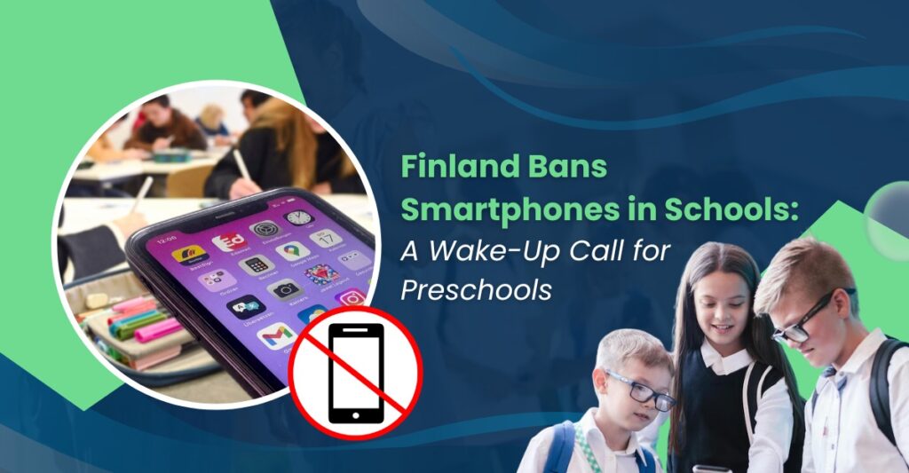 child interacting with natural materials in a preschool classroom, symbolizing screen-free early education inspired by Finland’s smartphone ban