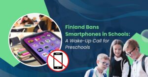 child interacting with natural materials in a preschool classroom, symbolizing screen-free early education inspired by Finland’s smartphone ban