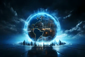A student exploring artificial intelligence and future technologies in a university setting.